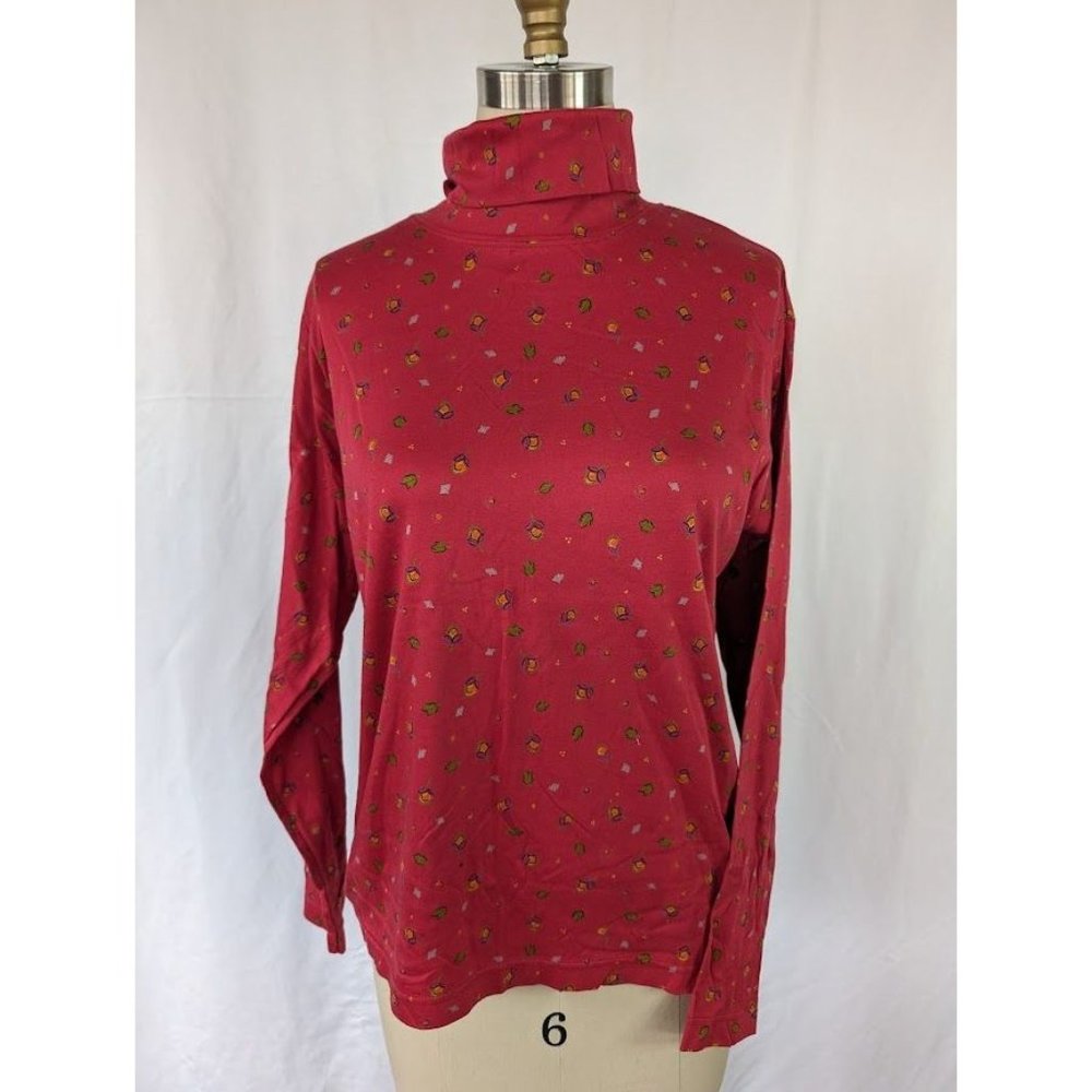Women's LL Bean Turtleneck Shirt Size Medium Duofold USA Red Leaves Flower Fall